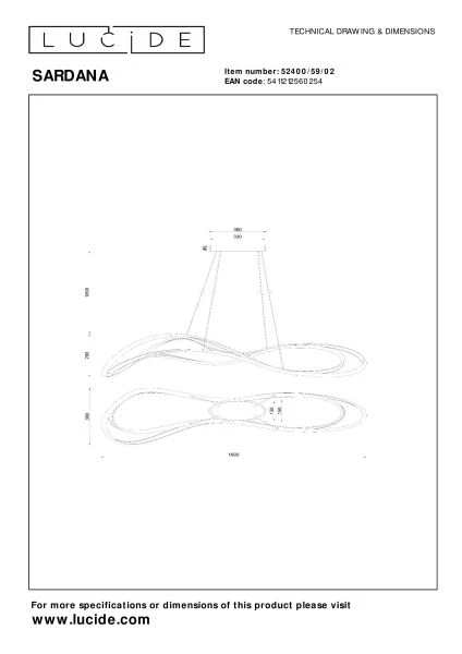 Lucide Premium SARDANA - Suspension - LED Dim. - 1x54W 2700K - Or Mat / Laiton - technique